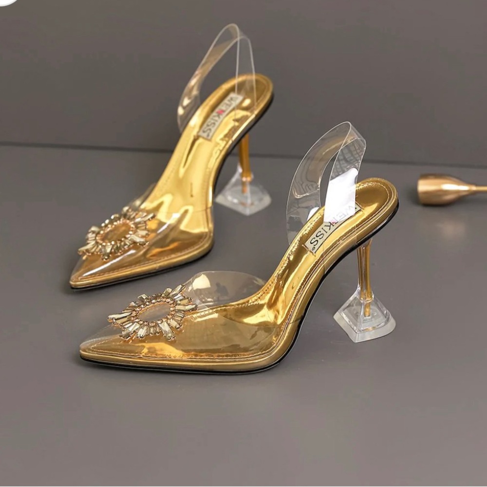 WETKISS Clear Heels Crystal Rhinestones Slingback Pointed Toe High Heels Size 8
